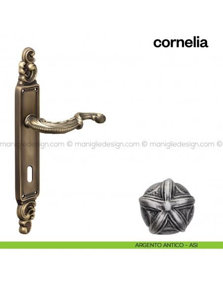 Maniglia per porta con placca Cornelia Poggi Mariani argento antico - ASI foro patent
