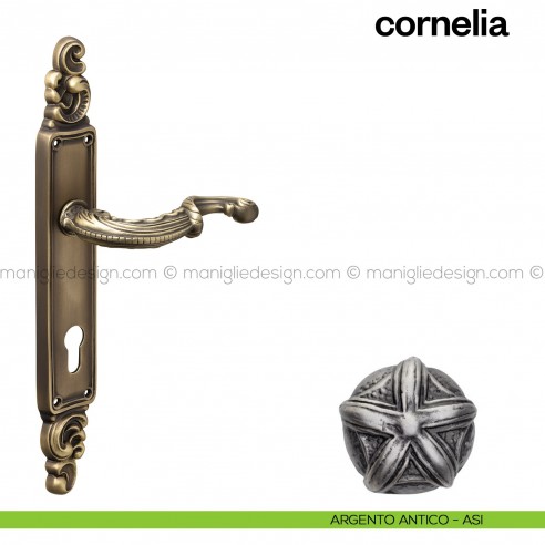 Maniglia per porta con placca Cornelia Poggi Mariani argento antico - ASI foro yale