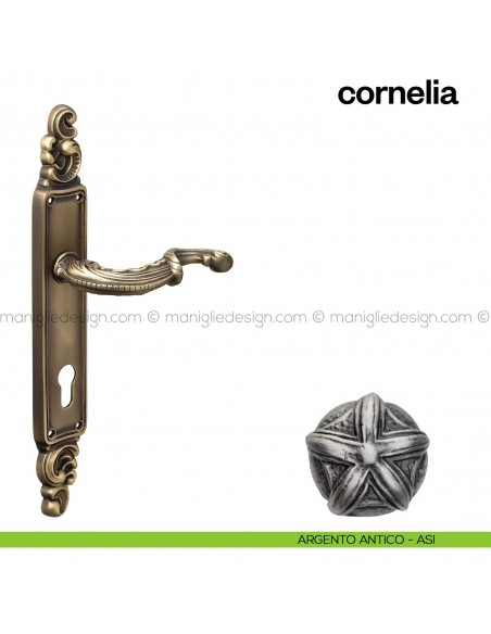 Maniglia per porta con placca Cornelia Poggi Mariani argento antico - ASI foro yale