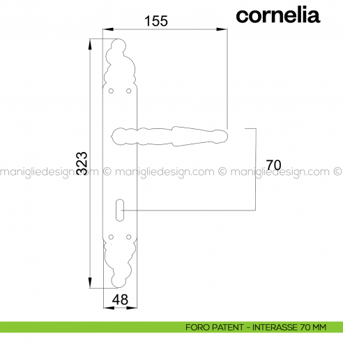 Maniglia per porta con placca Cornelia Poggi Mariani foro patent interasse 70 mm