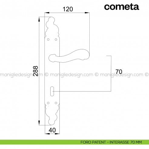 Maniglia per porta con placca Cometa Poggi Mariani foro patent interasse 70 mm