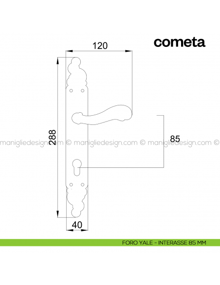 Maniglia per porta con placca Cometa Poggi Mariani foro yale interasse 85 mm