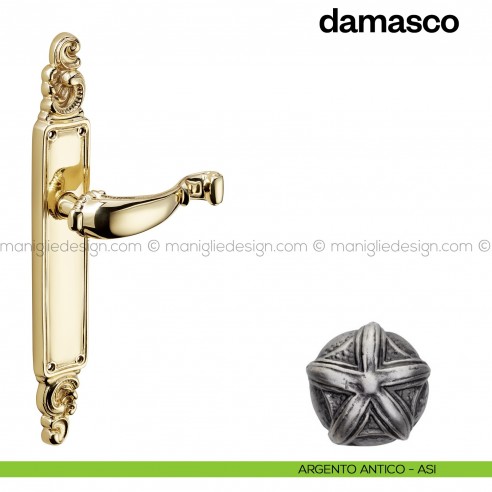 Maniglia per porta con placca Damasco Poggi Mariani argento antico - ASI cieca