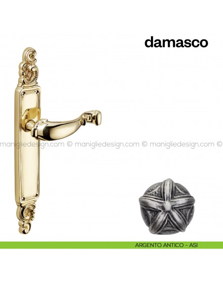 Maniglia per porta con placca Damasco Poggi Mariani argento antico - ASI cieca