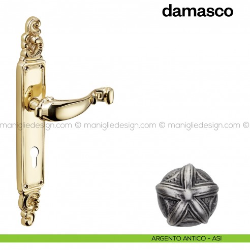 Maniglia per porta con placca Damasco Poggi Mariani argento antico - ASI foro yale