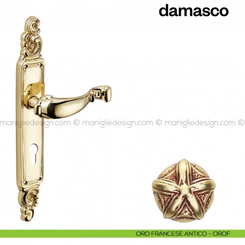Maniglia per porta con placca Damasco Poggi Mariani oro francese antico - OROF foro yale