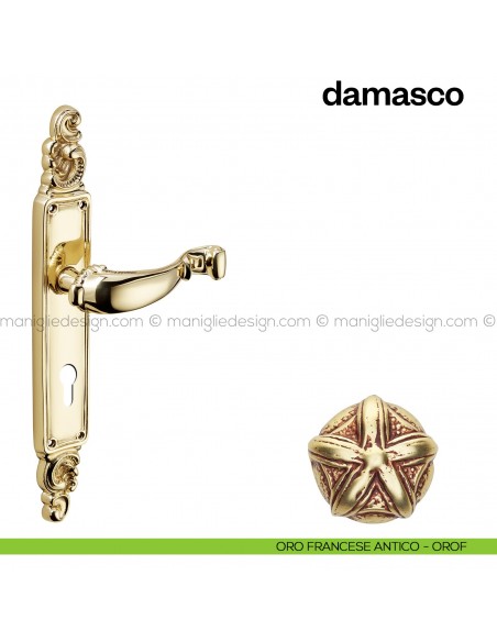 Maniglia per porta con placca Damasco Poggi Mariani oro francese antico - OROF foro yale