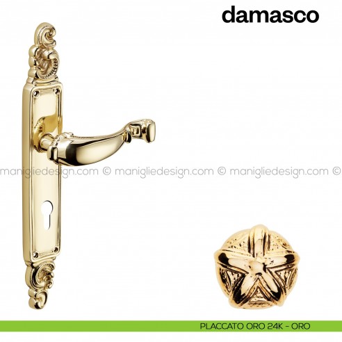 Maniglia per porta con placca Damasco Poggi Mariani placcato oro 24K - ORO foro yale