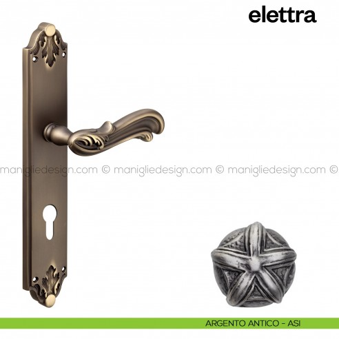 Maniglia per porta con placca Elettra Poggi Mariani argento antico - ASI foro yale