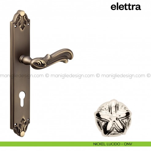 Maniglia per porta con placca Elettra Poggi Mariani nickel lucido - ONV foro yale