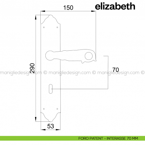 Maniglia per porta con placca Elizabeth Poggi Mariani foro patent interasse 70 mm