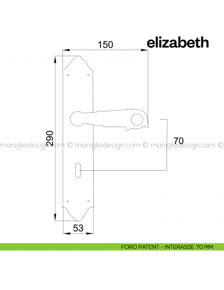 Maniglia per porta con placca Elizabeth Poggi Mariani foro patent interasse 70 mm