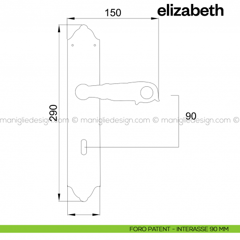 Maniglia per porta con placca Elizabeth Poggi Mariani foro patent interasse 90 mm