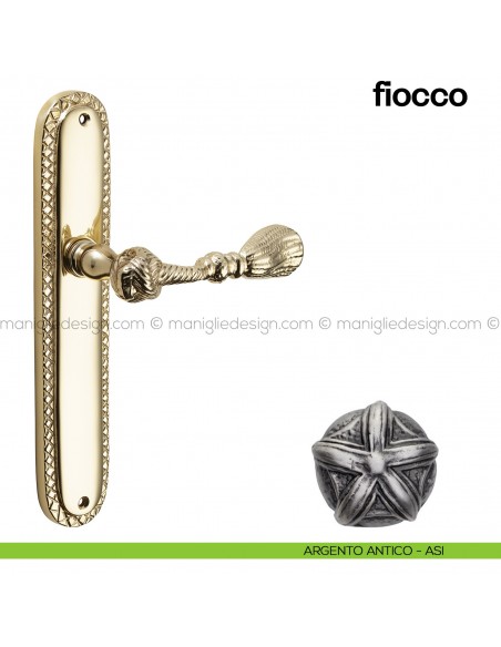 Maniglia per porta con placca Fiocco Poggi Mariani argento antico - ASI cieca