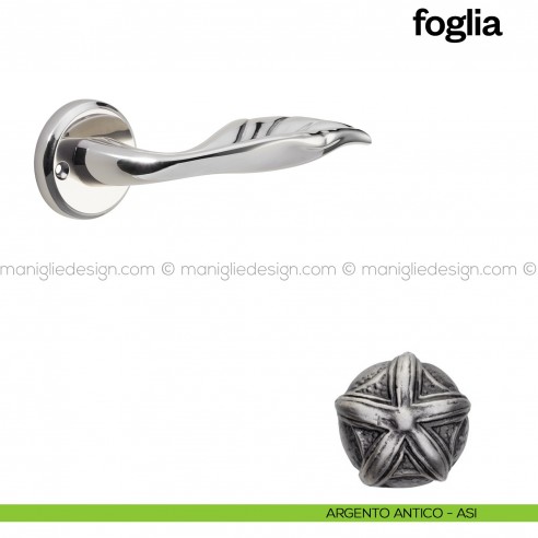Maniglia per porta Foglia Poggi Mariani con rosetta tonda argento antico - ASI