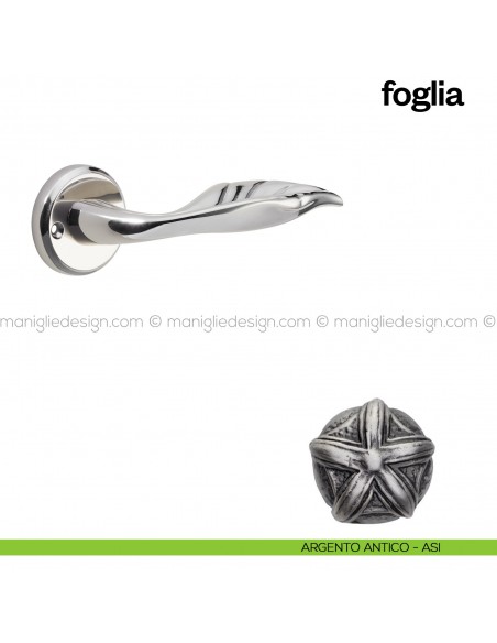 Maniglia per porta Foglia Poggi Mariani con rosetta tonda argento antico - ASI