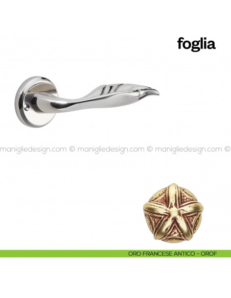 Maniglia per porta Foglia Poggi Mariani con rosetta tonda oro francese antico -  OROF