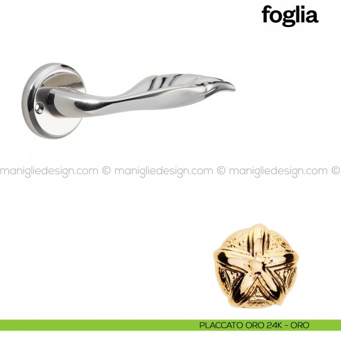 Maniglia per porta Foglia Poggi Mariani con rosetta tonda placcato oro 24K - ORO