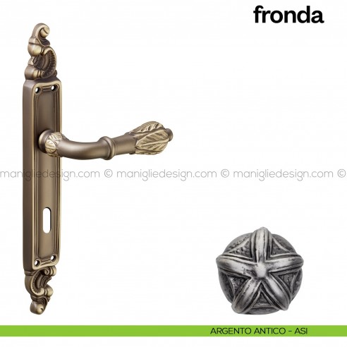 Maniglia per porta con placca Fronda Poggi Mariani argento antico - ASI foro patent