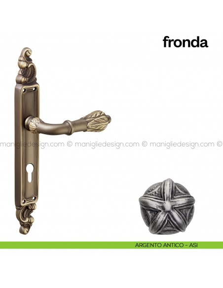 Maniglia per porta con placca Fronda Poggi Mariani argento antico - ASI foro yale