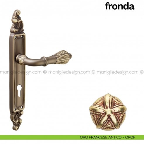 Maniglia per porta con placca Fronda Poggi Mariani oro francese antico - OROF foro yale