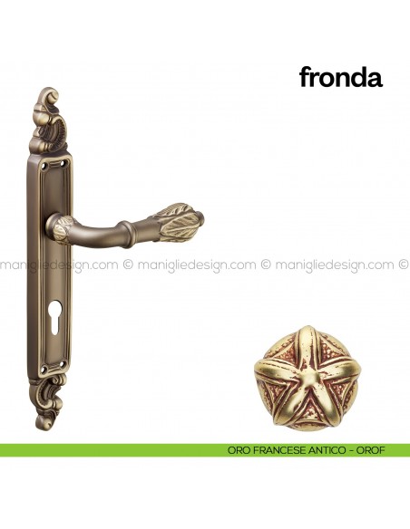 Maniglia per porta con placca Fronda Poggi Mariani oro francese antico - OROF foro yale