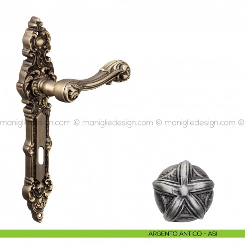 Maniglia per porta con placca Isana Poggi Mariani argento antico - ASI foro patent