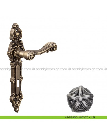 Maniglia per porta con placca Isana Poggi Mariani argento antico - ASI foro patent