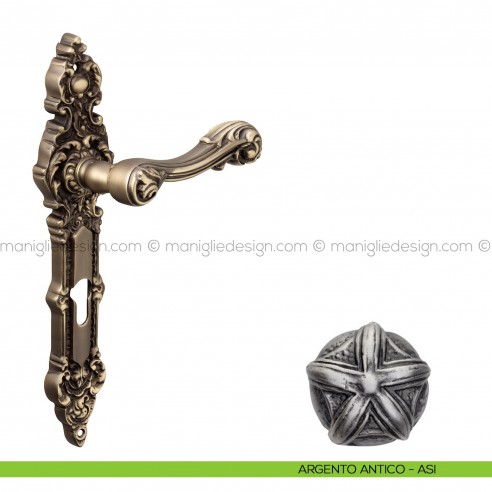 Maniglia per porta con placca Isana Poggi Mariani argento antico - ASI foro yale