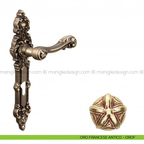 Maniglia per porta con placca Isana Poggi Mariani oro francese antico - OROF foro yale