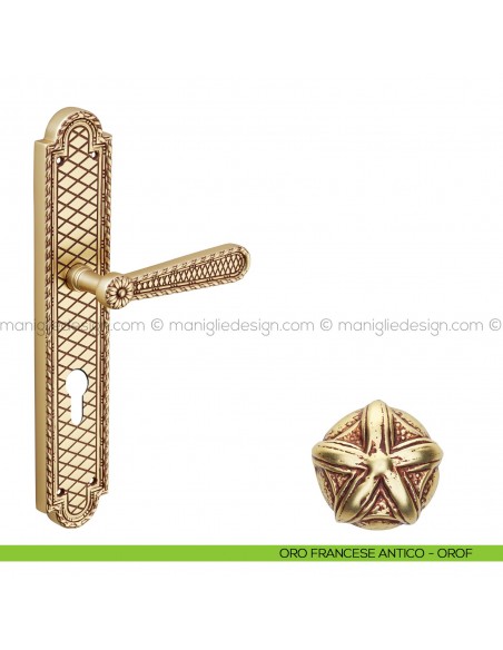 Maniglia per porta con placca Jordan Poggi Mariani oro francese antico - OROF foro yale