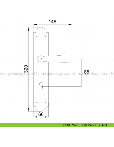 Maniglia per porta con placca Jordan Poggi Mariani foro yale interasse 85 mm
