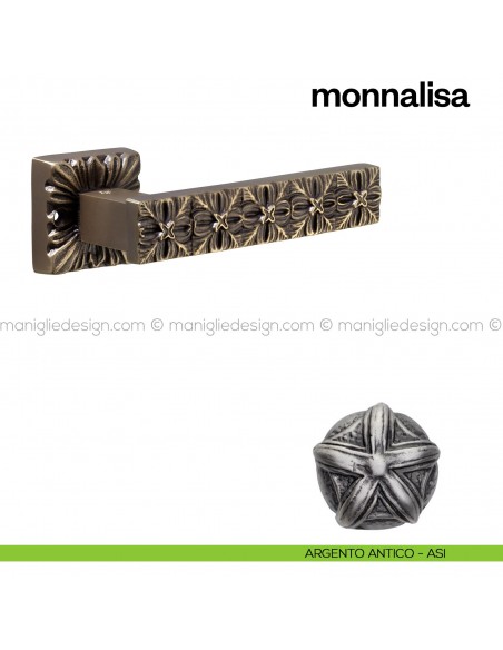 Maniglia per porta Monnalisa Poggi Mariani con rosetta quadrata argento antico - ASI