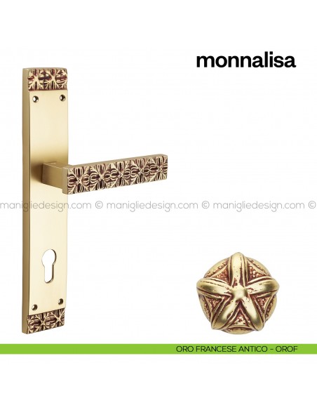 Maniglia per porta con placca Monnalisa Poggi Mariani oro francese antico - OROF foro yale