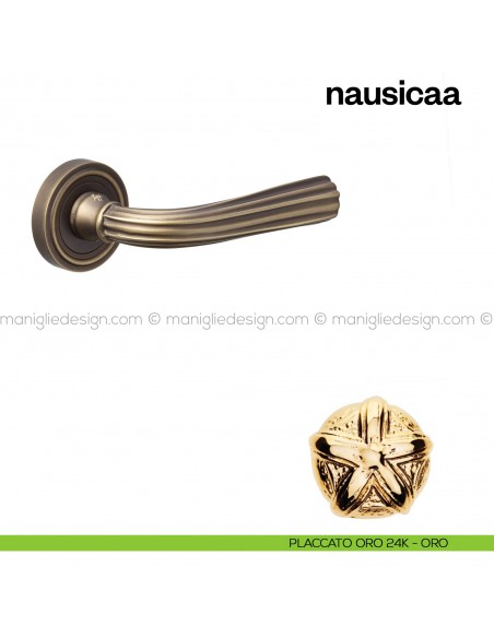 Maniglia per porta Nausicaa Poggi Mariani con rosetta tonda placcato oro 24K - ORO