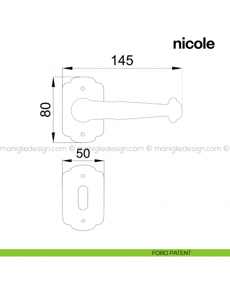 Maniglia per porta Nicole Poggi Mariani con rosetta rettangolare foro patent