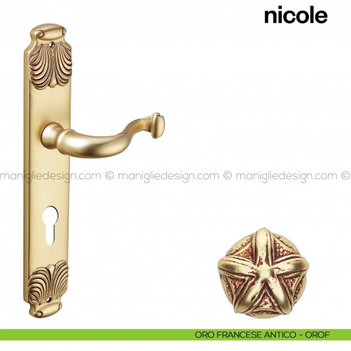 Maniglia per porta con placca Nicole Poggi Mariani oro francese antico - OROF foro yale