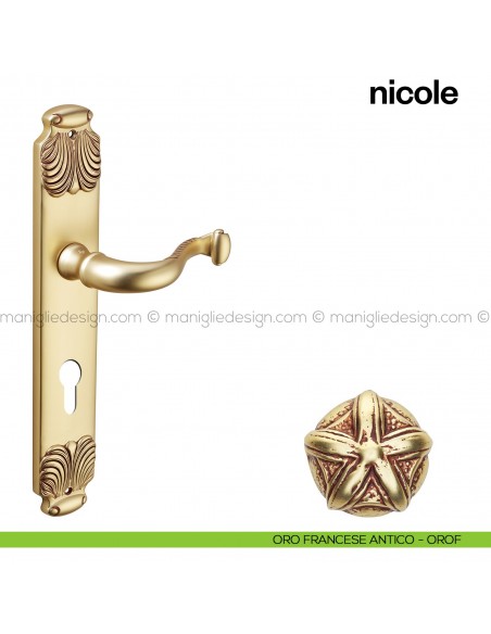 Maniglia per porta con placca Nicole Poggi Mariani oro francese antico - OROF foro yale