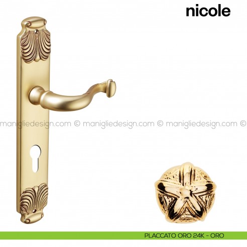 Maniglia per porta con placca Nicole Poggi Mariani placcato oro 24K - ORO foro yale