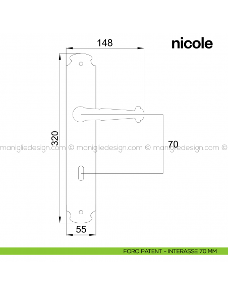 Maniglia per porta con placca Nicole Poggi Mariani foro patent interasse 70 mm