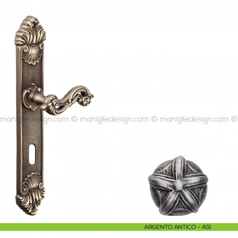 Maniglia per porta con placca Ninfa Poggi Mariani argento antico - ASI foro patent
