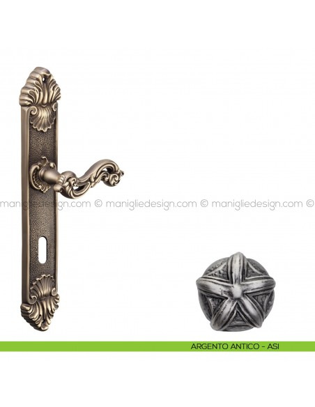 Maniglia per porta con placca Ninfa Poggi Mariani argento antico - ASI foro patent