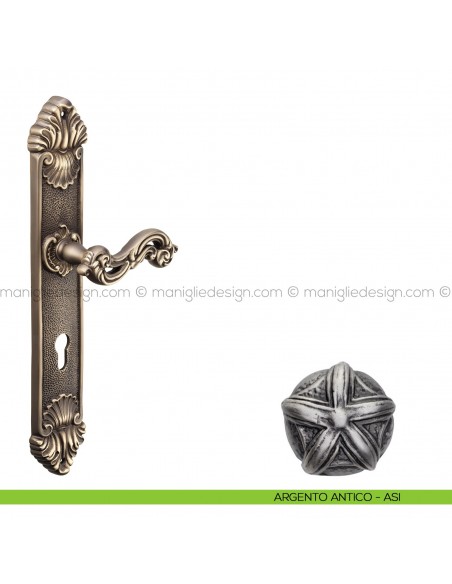 Maniglia per porta con placca Ninfa Poggi Mariani argento antico - ASI foro yale
