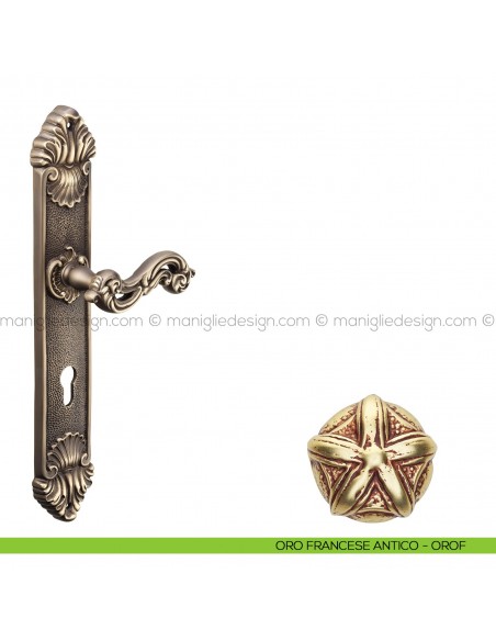 Maniglia per porta con placca Ninfa Poggi Mariani oro francese antico - OROF foro yale