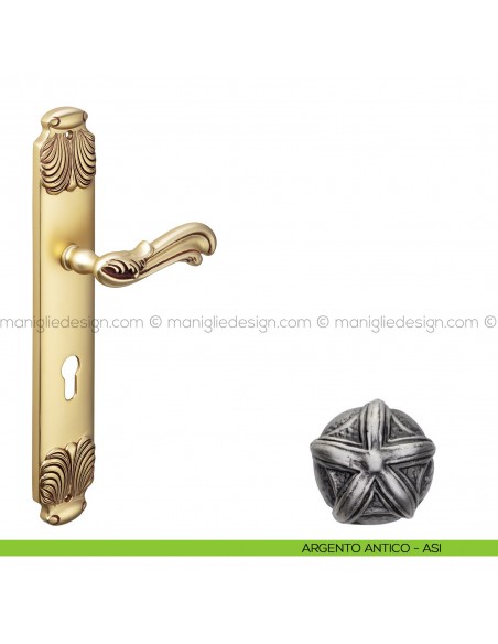 Maniglia per porta con placca Ning Poggi Mariani argento antico - ASI foro yale