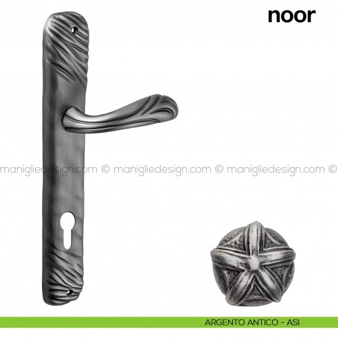 Maniglia per porta con placca Noor Poggi Mariani argento antico - ASI foro yale
