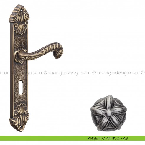 Maniglia per porta con placca Olimpia Poggi Mariani argento antico - ASI foro patent