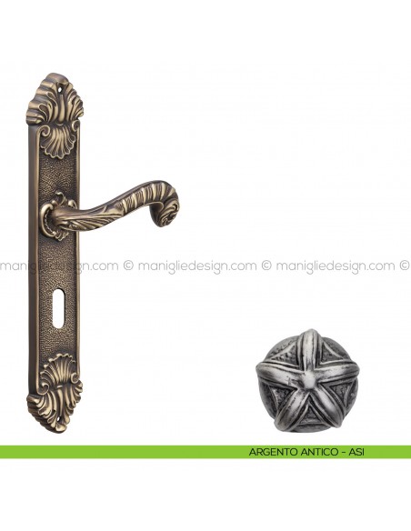 Maniglia per porta con placca Olimpia Poggi Mariani argento antico - ASI foro patent