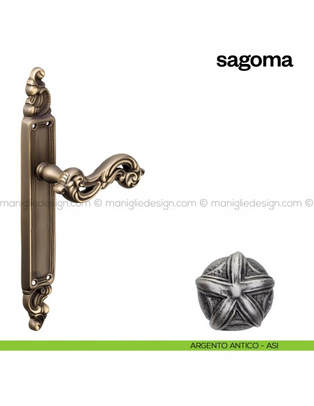 Maniglia per porta con placca Sagoma Poggi Mariani argento antico - ASI cieca