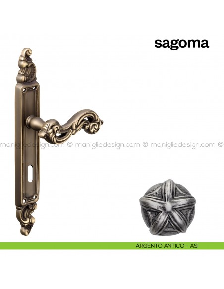 Maniglia per porta con placca Sagoma Poggi Mariani argento antico - ASI foro patent